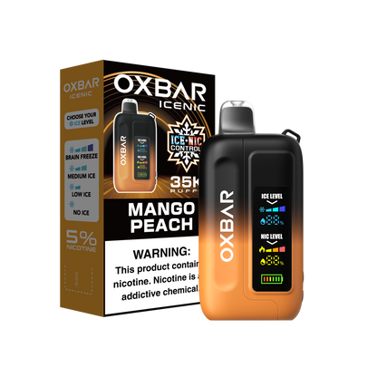 OXBAR ICE-NIC CONTROL 35K disposable vape with Mango Peach flavor, showing the sleek device with flavor branding and a vibrant fruit design.