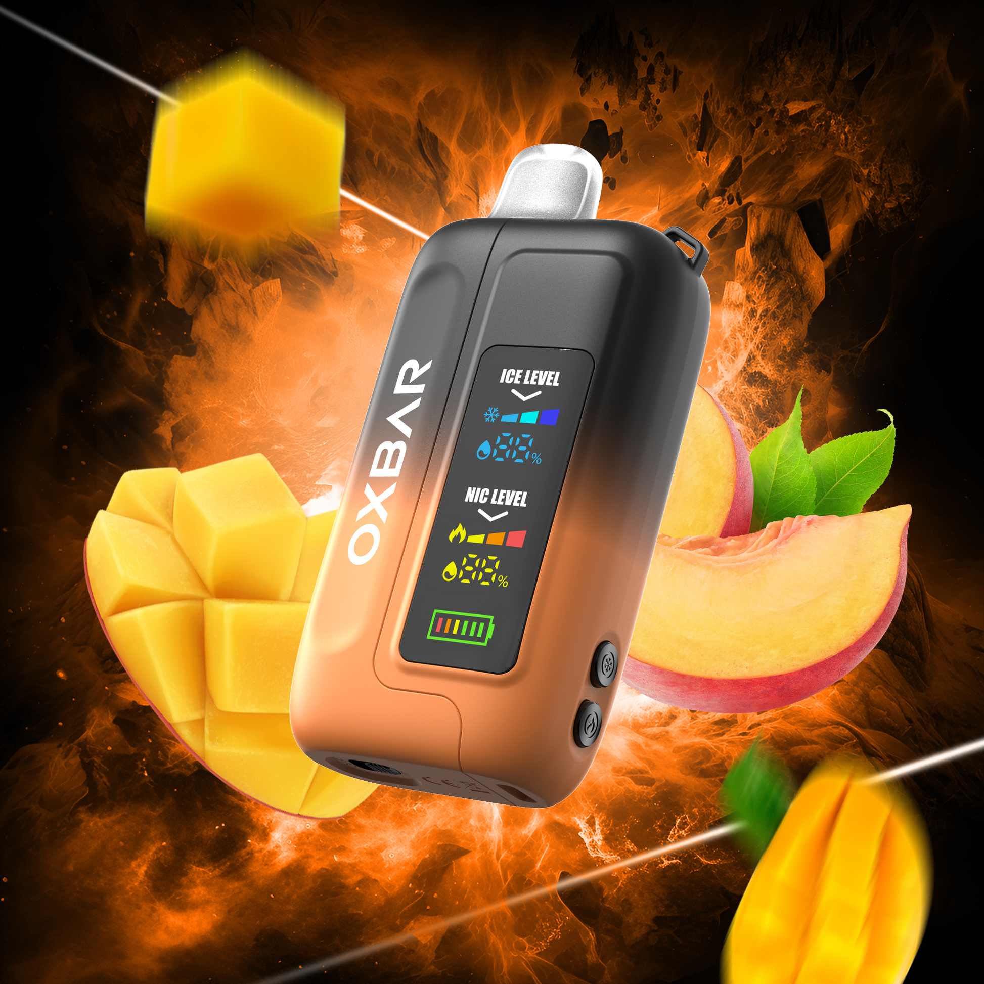 Disposable OXBAR ICE-NIC CONTROL 35K Puffs vape in Mango Peach flavor with salt nicotine, showing the sleek device and packaging.
