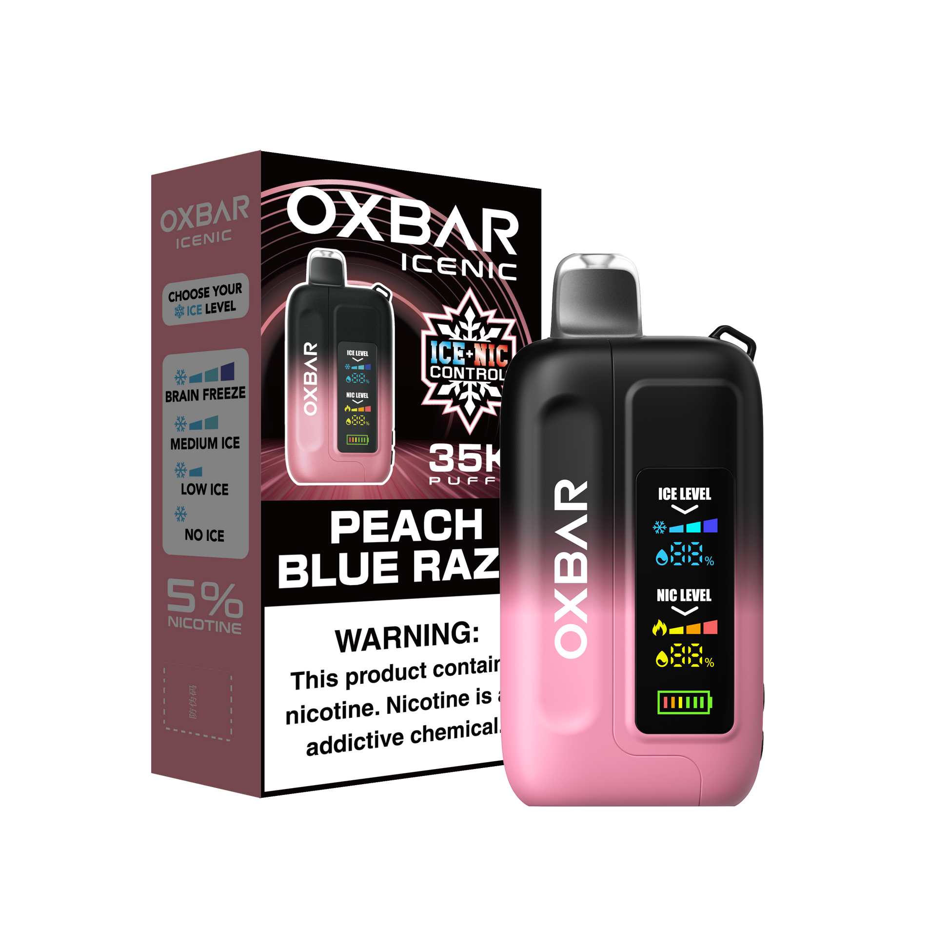 OXBAR ICE-NIC CONTROL 35K disposable vape with Peach Blue Razz flavor, showing the colorful e-liquid and sleek device design.