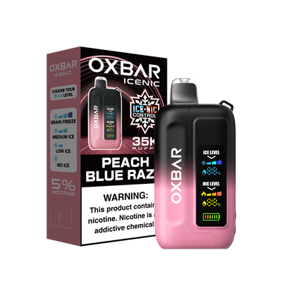 OXBAR ICE-NIC CONTROL 35K disposable vape with Peach Blue Razz flavor, showing the colorful e-liquid and sleek device design.