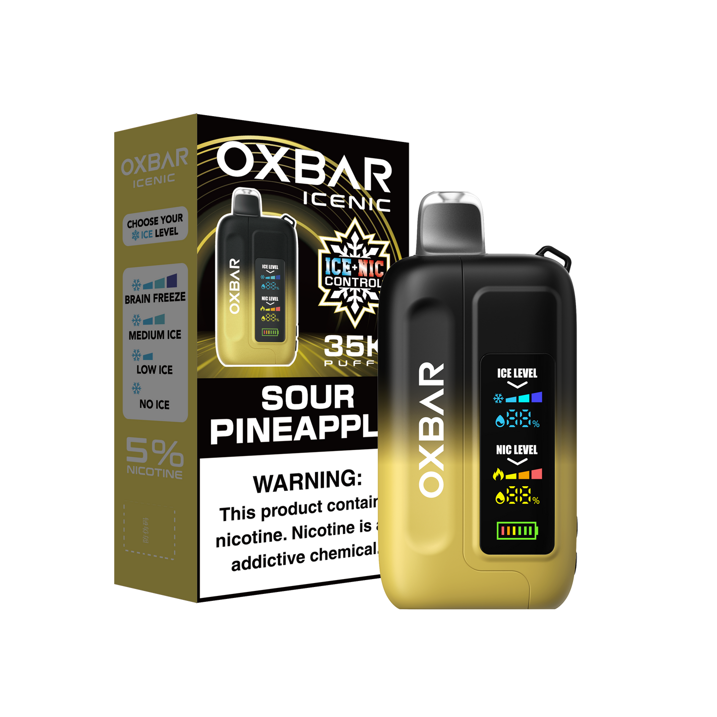 OXBAR ICE-NIC Control 35K disposable vape with Sour Pineapple flavor, showing the sleek device with flavor label and branding.