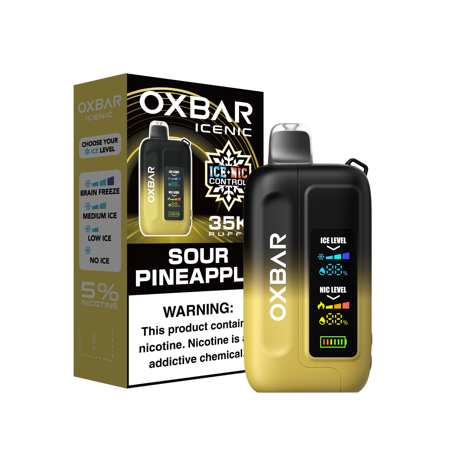 OXBAR ICE-NIC Control 35K disposable vape with Sour Pineapple flavor, showing the sleek device with flavor label and branding.