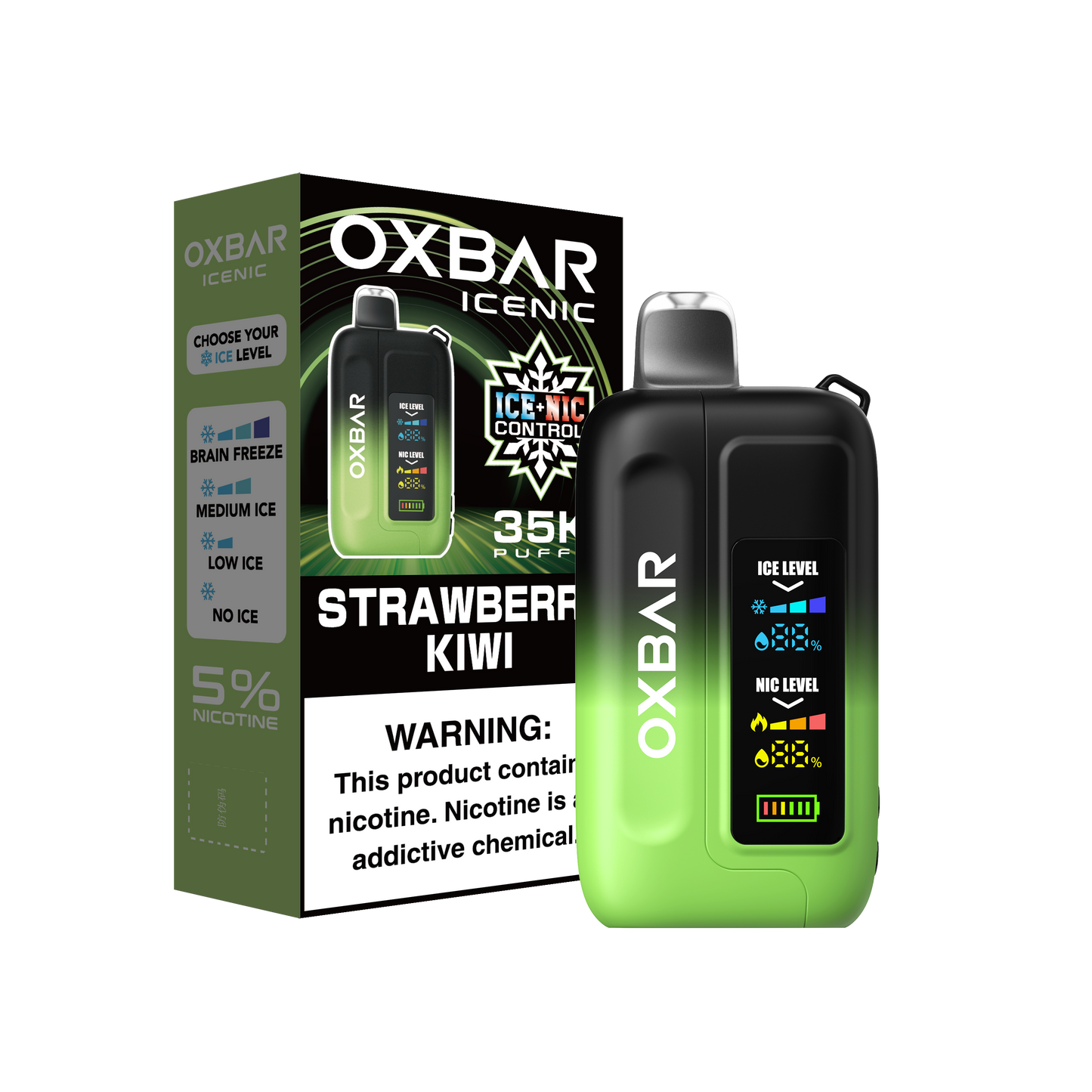 OXBAR ICE-NIC CONTROL 35K disposable vape with strawberry kiwi flavor, featuring a sleek design and 35,000 puffs.