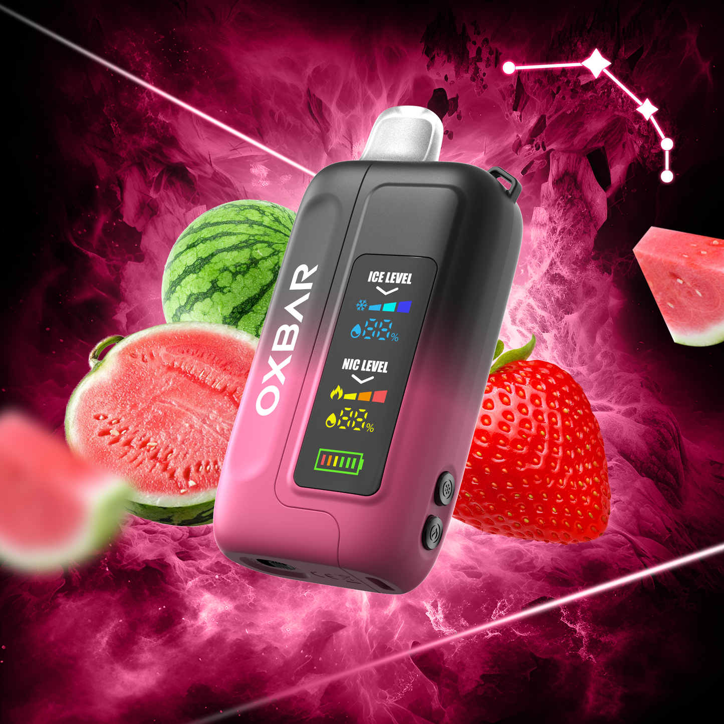 Disposable OXBAR ICE-NIC CONTROL 35K Puffs vaporizer with strawberry watermelon flavor and salt nicotine, displayed on a plain background.