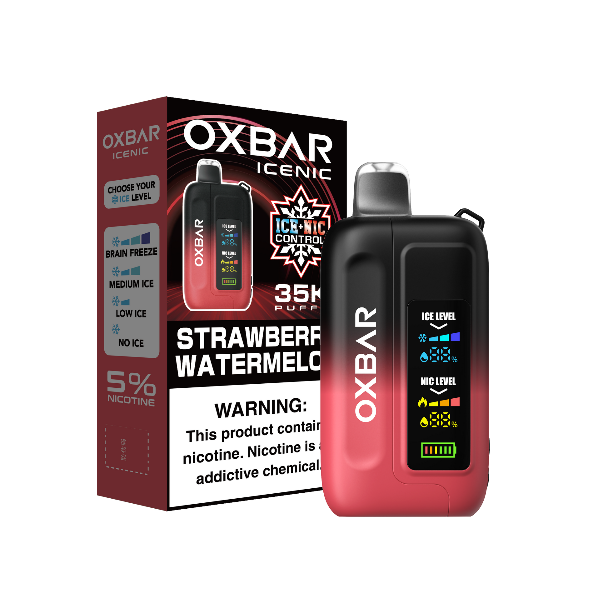 OXBAR ICE-NIC CONTROL 35K disposable vape with strawberry watermelon flavor, showing the sleek device with colorful branding.