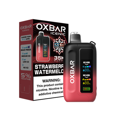 OXBAR ICE-NIC CONTROL 35K disposable vape with strawberry watermelon flavor, showing the sleek device with colorful branding.