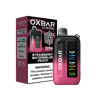 OXBAR ICE-NIC CONTROL 35K disposable vape with flavor blend of strawberry, watermelon, and peach, featuring 35,000 puffs and 50mg salt nicotine.