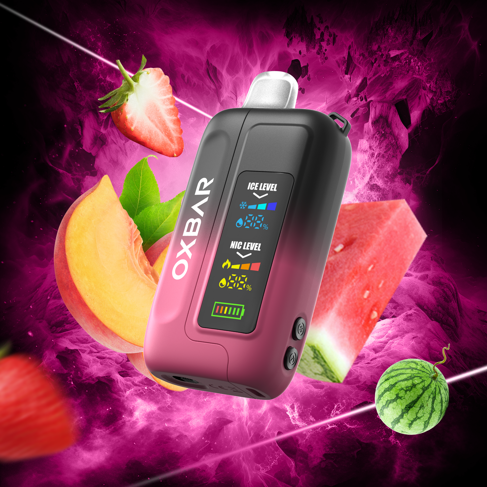 OXBAR ICE-NIC CONTROL 35K disposable vape with strawberry, watermelon, and peach flavor, featuring 35,000 puffs and 50mg salt nicotine.