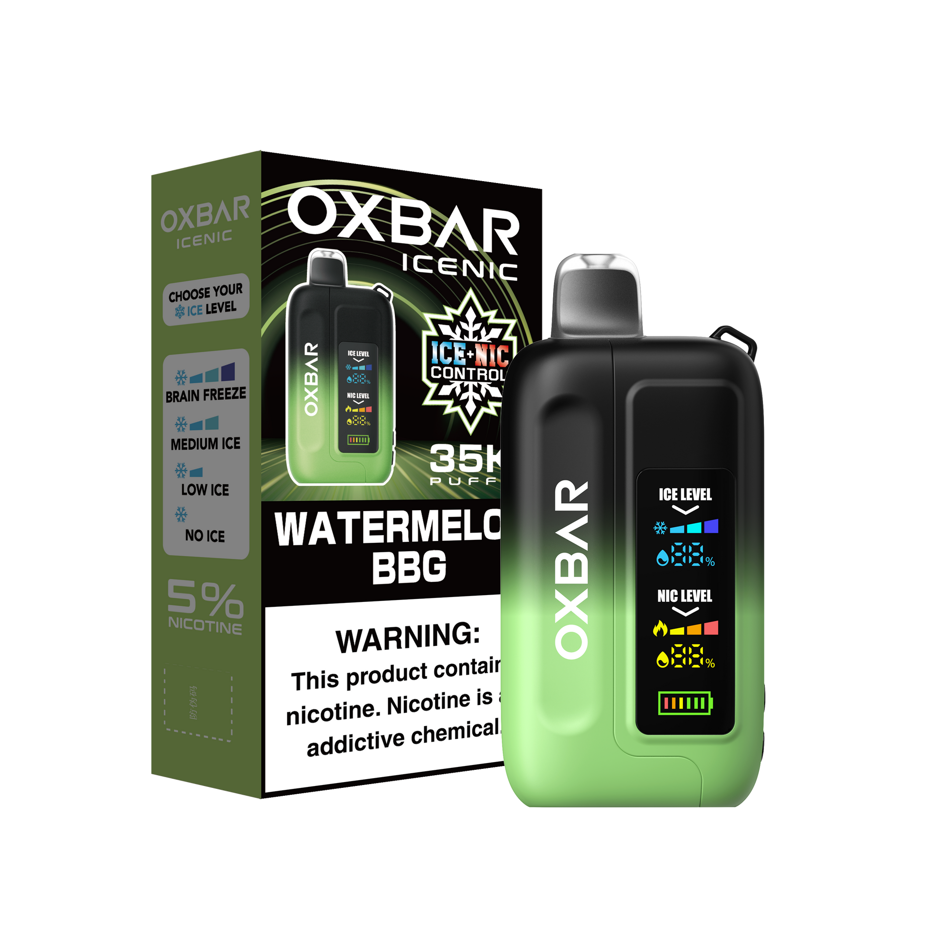 OXBAR ICE-NIC CONTROL 35K disposable vape with watermelon BBG flavor, showing the sleek design and branding.