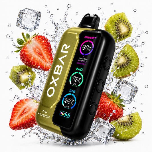 Disposable OXBAR TRI-FUSION 50K Series vape device in Strawberry Kiwi flavor with vibrant packaging and sleek design.