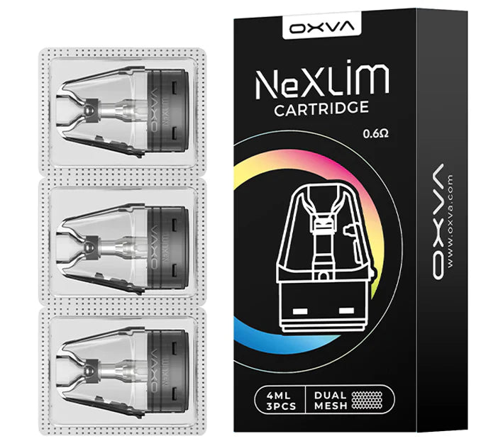 OXVA NeXLIM refillable cartridge with 4ml capacity, top-fill design, and 0.6 ohm resistance for vape devices.