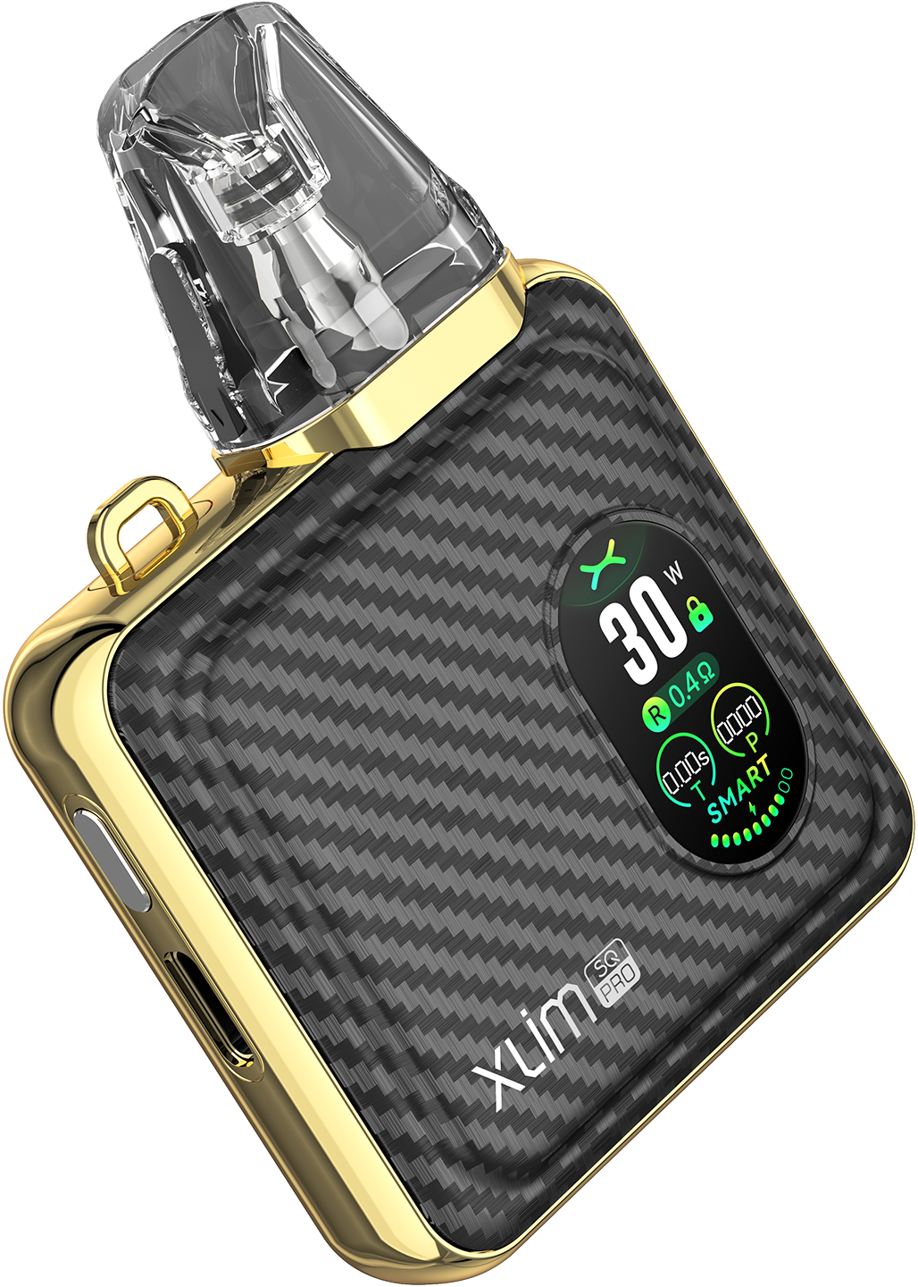 OXVA XLIM SQ PRO pod system with gold and carbon finish, compact design, and sleek appearance.