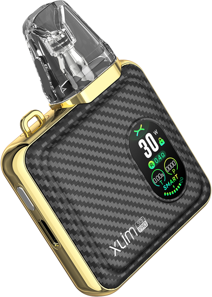 OXVA XLIM SQ PRO pod system with gold and carbon finish, compact design, and sleek appearance.