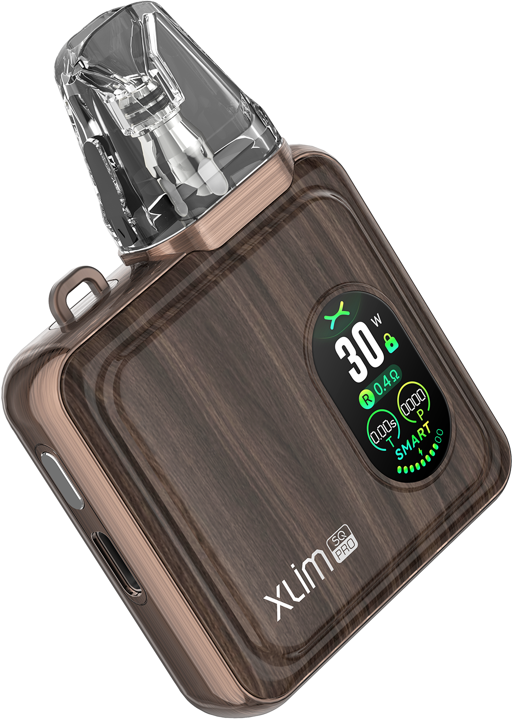 OXVA XLIM SQ PRO pod system in gold carbon finish, compact design with sleek appearance and user-friendly features.