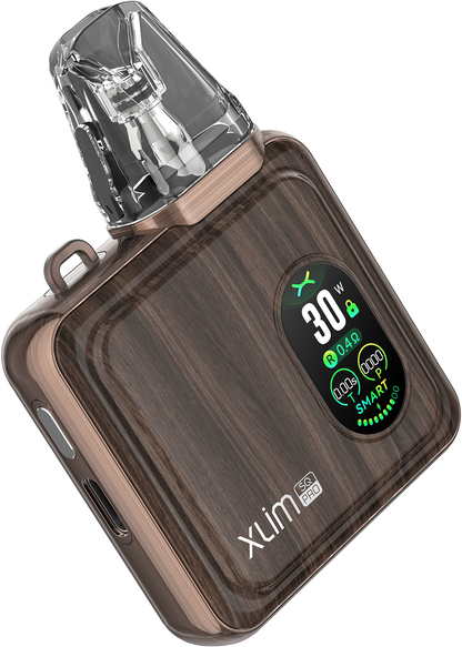 OXVA XLIM SQ PRO pod system in gold carbon finish, compact design with sleek appearance and user-friendly features.