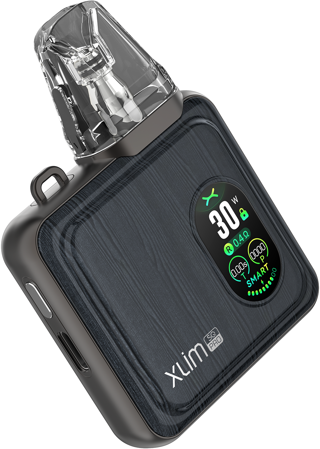 OXVA XLIM SQ PRO pod system with gold-carbon finish, compact design, and sleek appearance, showing the device from a front view.