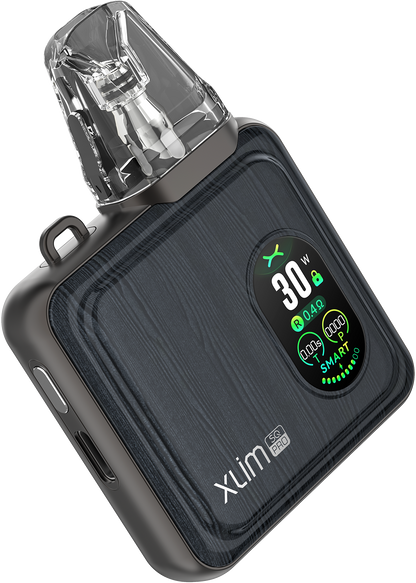 OXVA XLIM SQ PRO pod system with gold-carbon finish, compact design, and sleek appearance, showing the device from a front view.