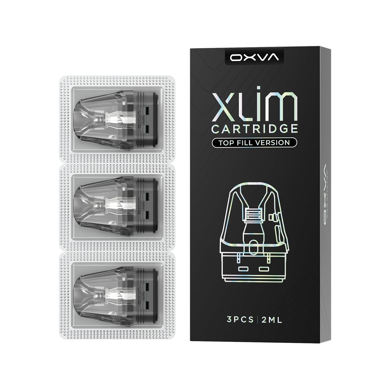 OXVA XLIM refillable cartridge with 2ml capacity, featuring top-fill design and 0.6 ohm coil for vaping devices.