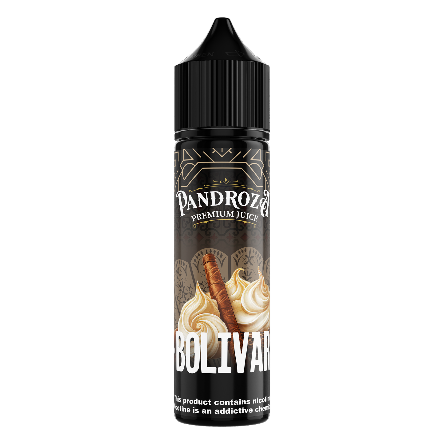 Pandroza Bolivar DL e-liquid in 3mg nicotine, 60ml bottle, featuring bold flavor and sleek packaging design