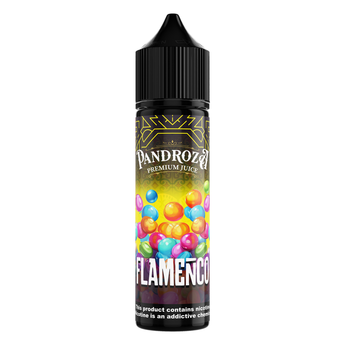 Pandroza Flamenco E-Liquid in 60ml bottle with 3mg nicotine, featuring vibrant flamenco-inspired packaging and design.