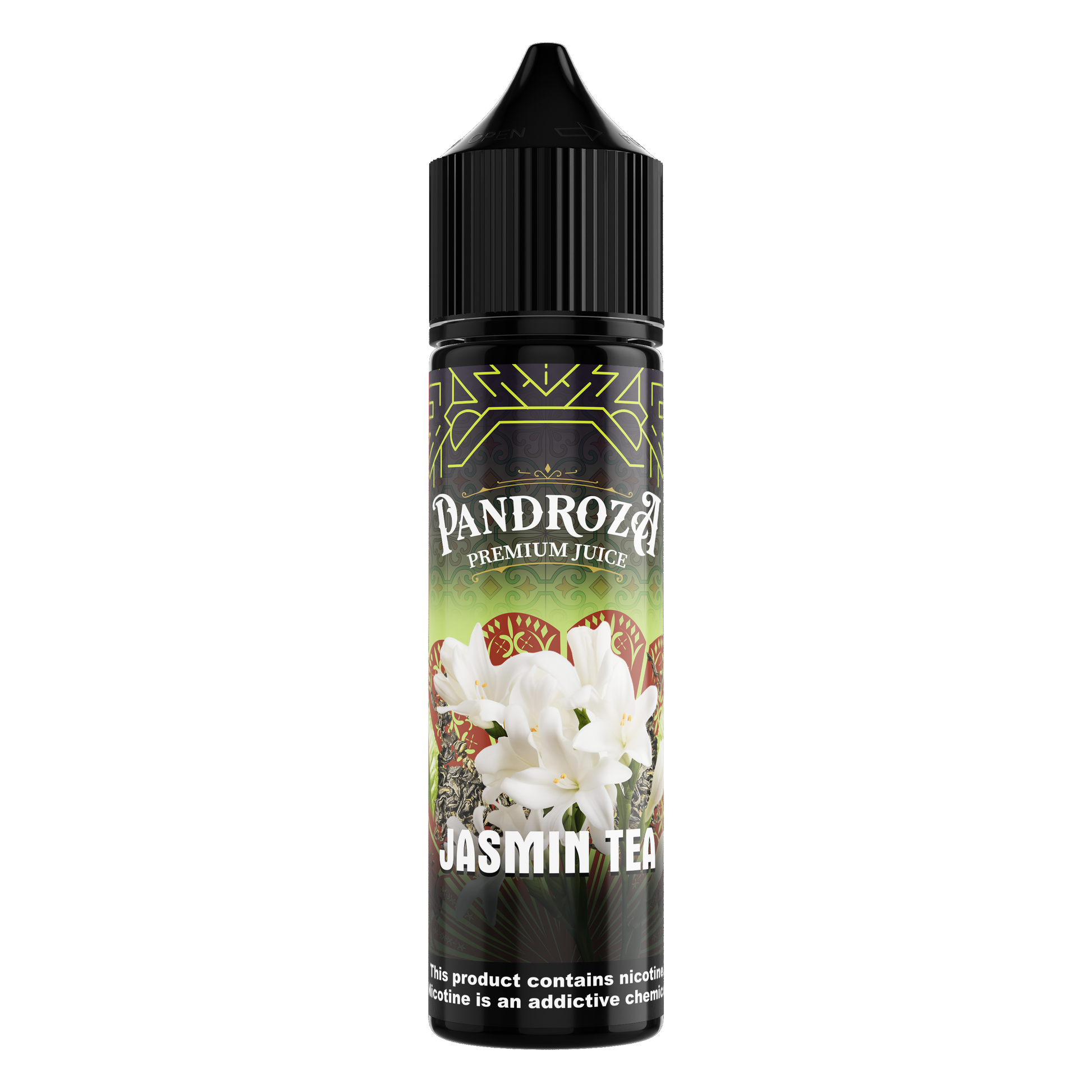Pandroza Jasmin Tea E-Liquid in 3mg, 60ml bottle showing the Pandroza brand label with jasmine tea flavor.