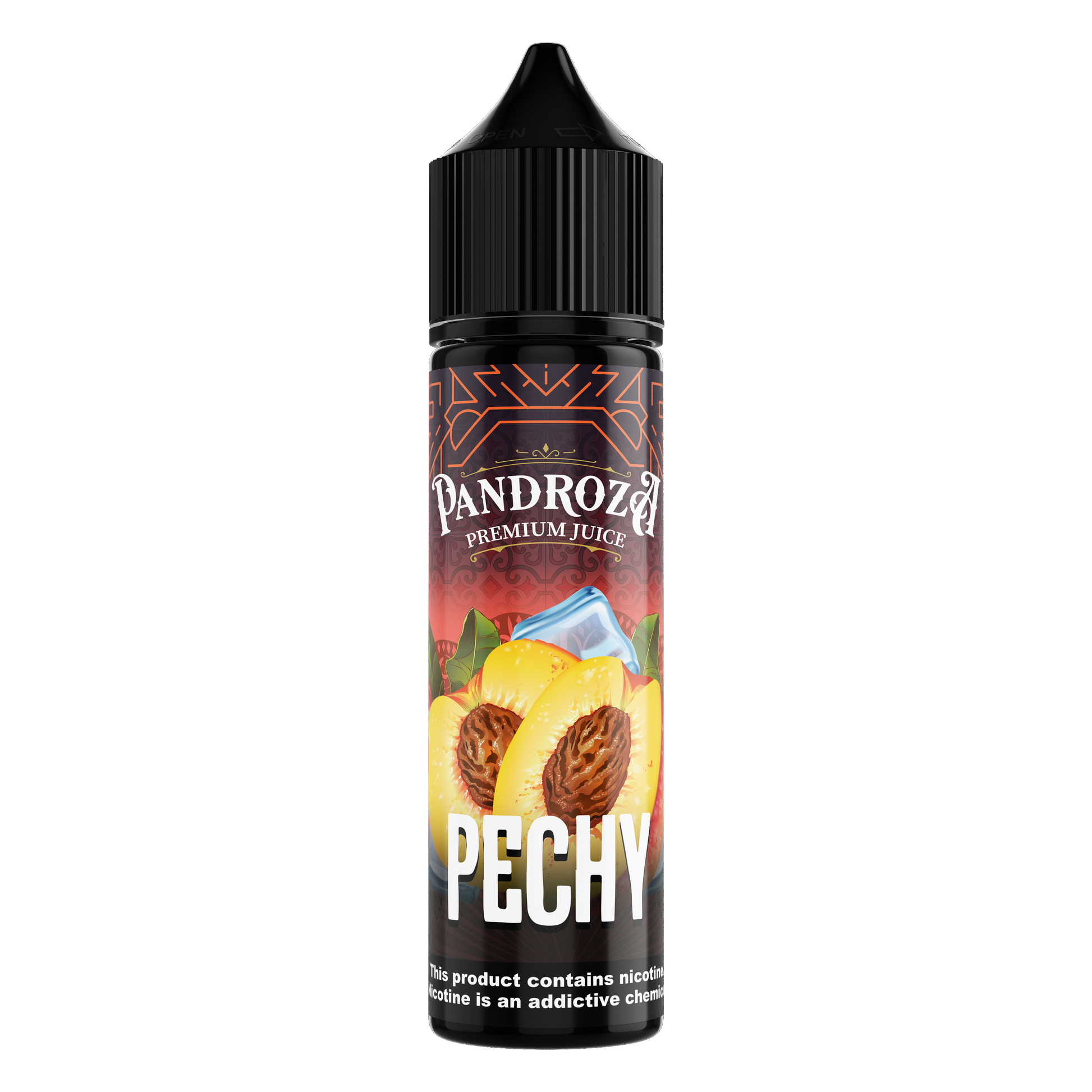 Pandroza Pechy DL E-Liquid bottle with 60ml size and 3mg nicotine, featuring a colorful label on a clear bottle