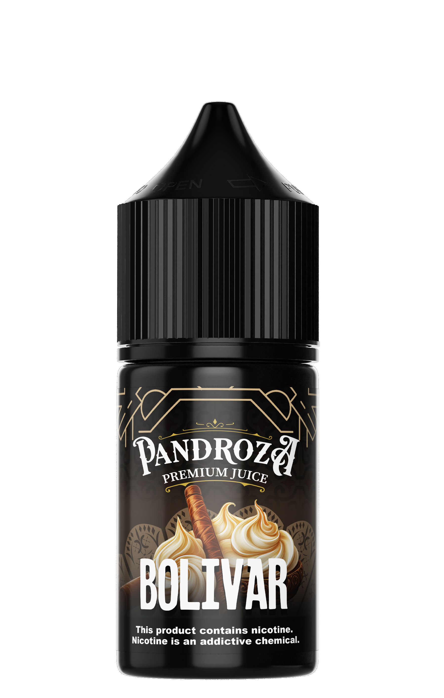 Pandroza Bolivar MTL e-liquid bottle with 30ml size and 6mg nicotine, featuring a clear label and cap.