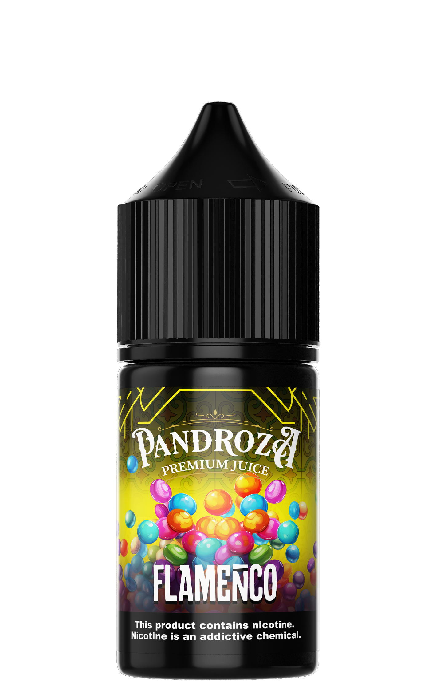 Pandroza Flamenco MTL e-liquid bottle, 30ml, 6mg nicotine, with vibrant label design for vaping enthusiasts.