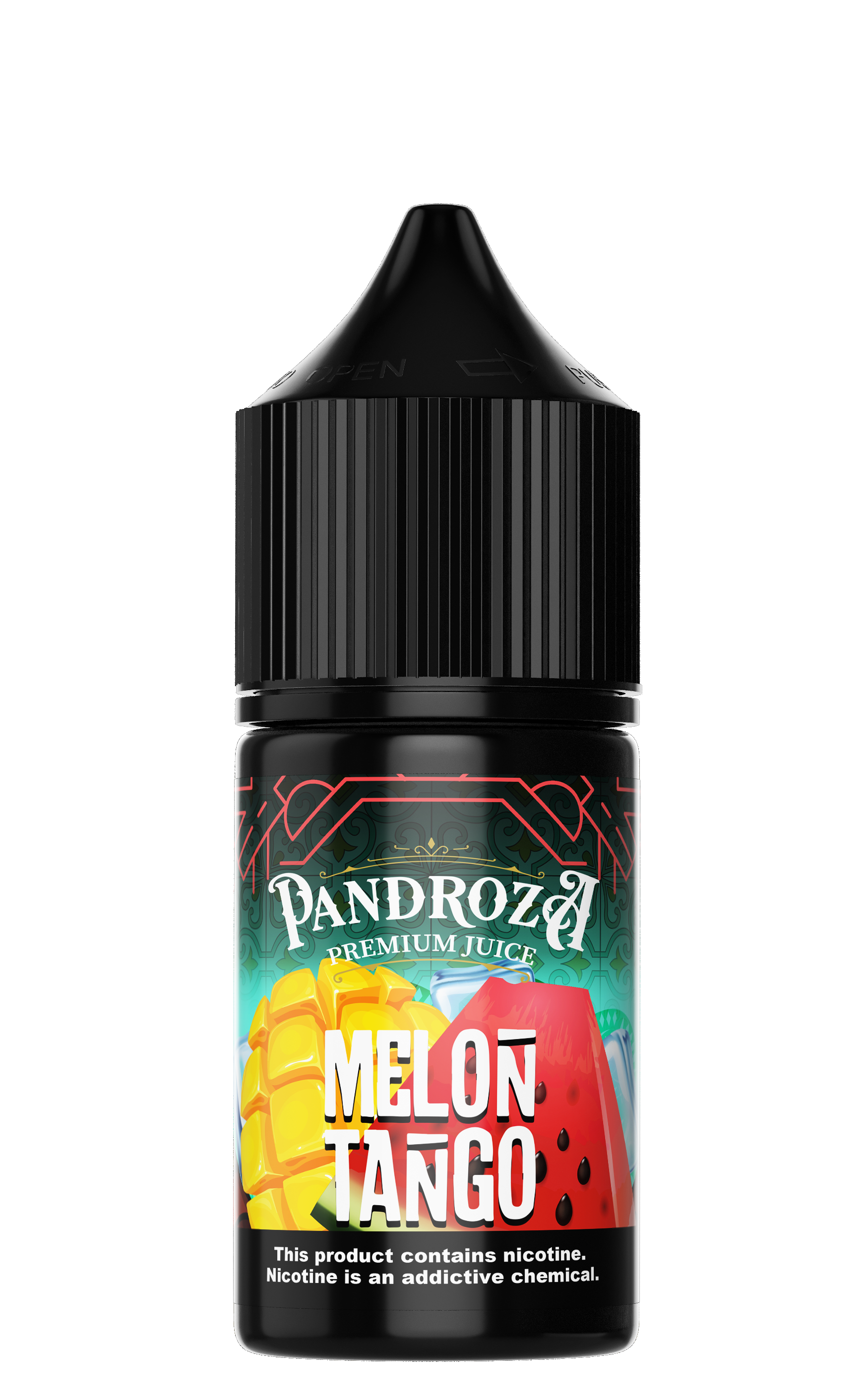 Pandroza Melon Tango MTL e-liquid bottle showing vibrant melon flavor label and 30ml size for vaping.
