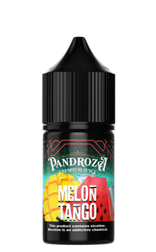 Pandroza Melon Tango MTL e-liquid bottle showing vibrant melon flavor label and 30ml size for vaping.