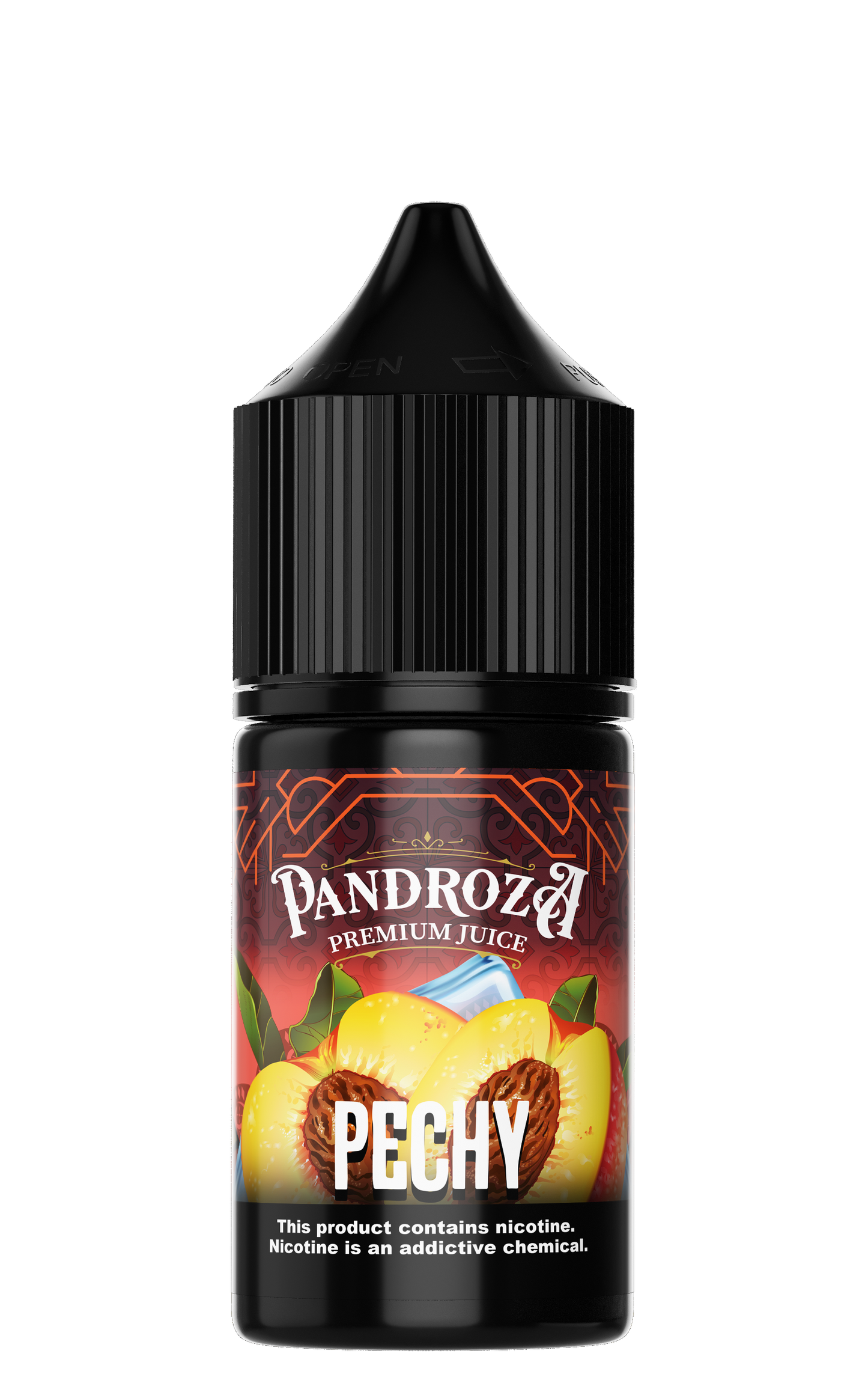 Pandroza Pechy MTL e-liquid bottle with 30ml of 6mg nicotine, featuring colorful branding and flavor label.