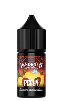 Pandroza Pechy MTL e-liquid bottle with 30ml of 6mg nicotine, featuring colorful branding and flavor label.