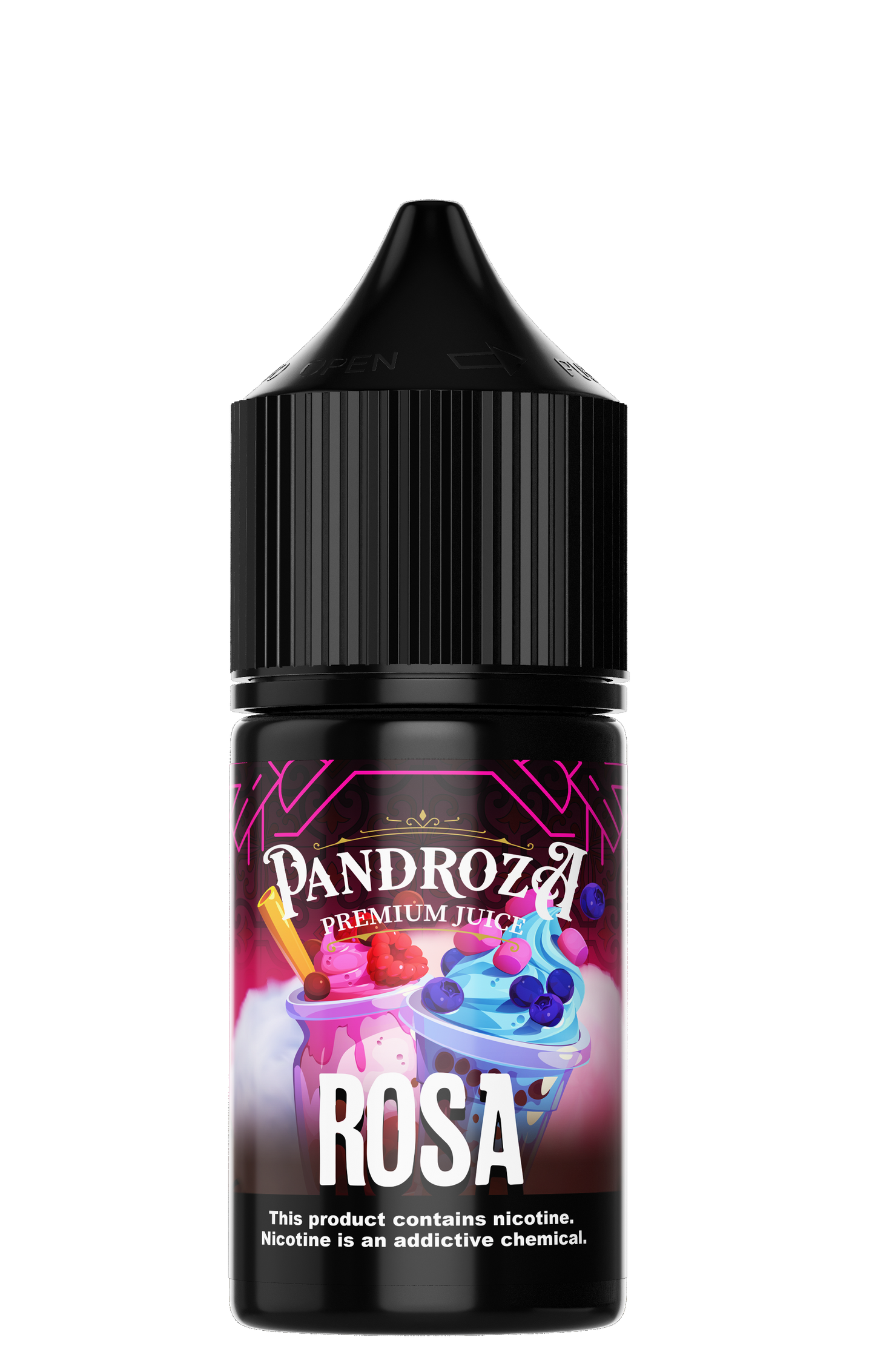 Pandroza Rosa MTL e-liquid bottle with pink label and dropper cap, 30ml, 6mg nicotine strength, designed for vaping.