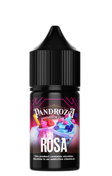 Pandroza Rosa MTL e-liquid bottle with pink label and dropper cap, 30ml, 6mg nicotine strength, designed for vaping.