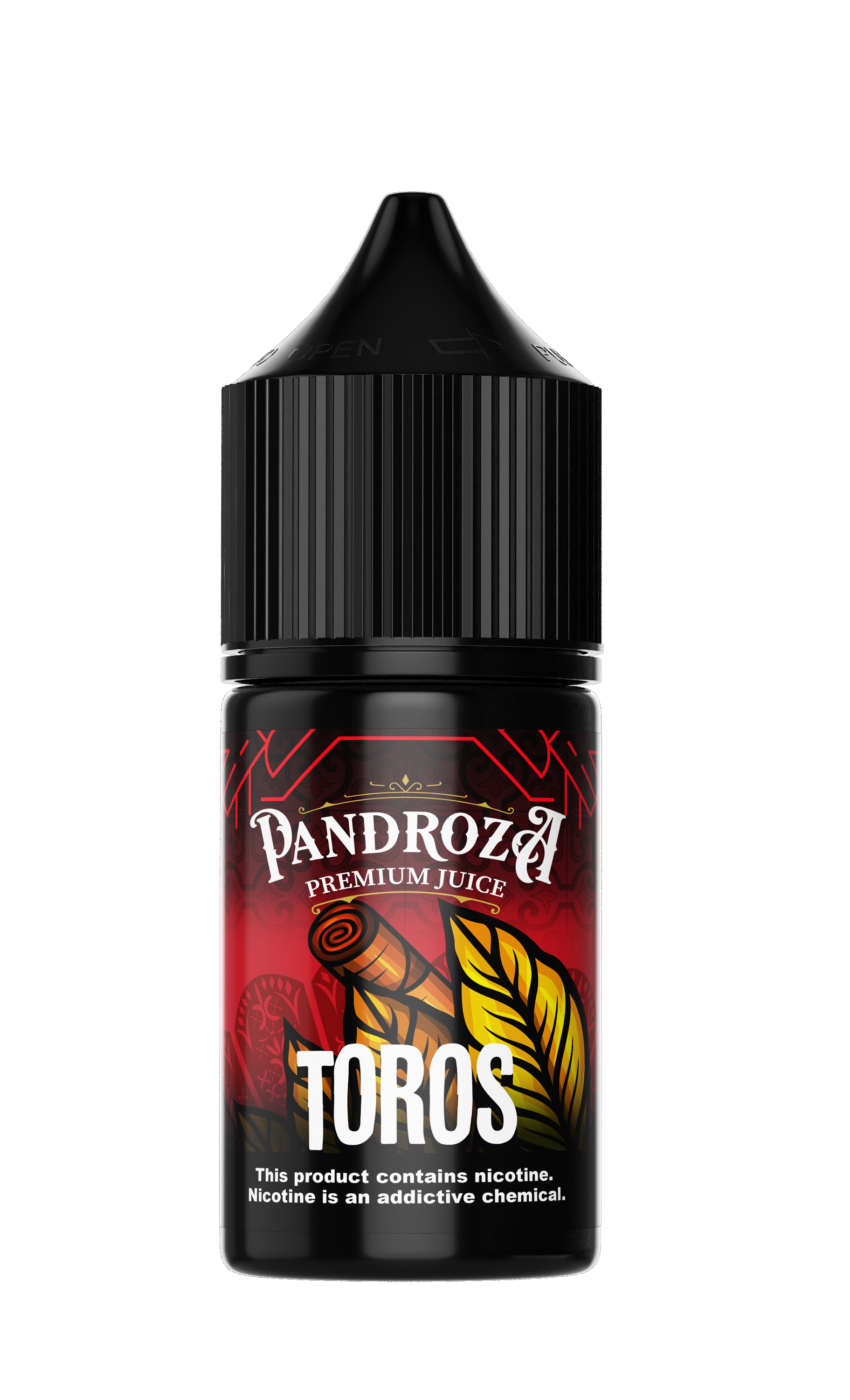 Pandroza Toros MTL e-liquid bottle with 30ml capacity and 6mg nicotine, featuring bold packaging and branding.