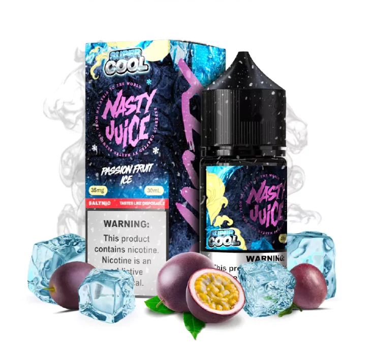 Nasty Juice Passion Fruit Ice vape juice packaging with ice cubes and passion fruit on a white background