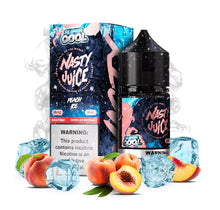 Nasty Juice Peach Ice vape juice packaging with peaches and ice cubes on a white background