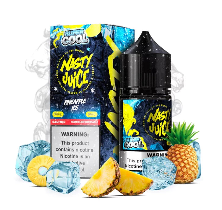 Nasty Juice Pineapple Ice e-liquid packaging with pineapple slices and ice cubes on a white background.