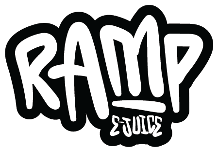 Black and white logo of 'RAMP E-JUICE' with stylized text.