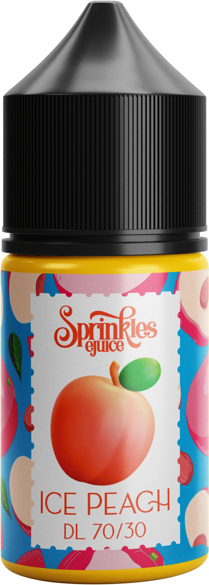 Sprinkles Ice Peach E-Liquid bottle with peach and ice flavor, 30ml, 3mg nicotine, for vaping.