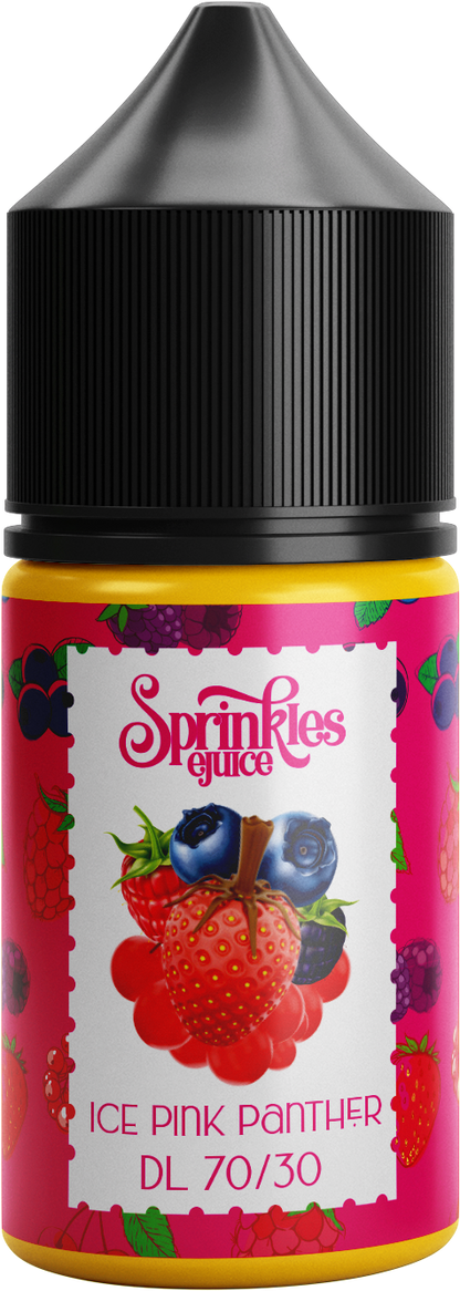 Sprinkles Ice Pink Panther e-liquid in 30ml bottle, pink-themed packaging with pink panther design and flavor details.