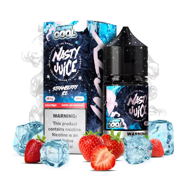 Nasty Juice Strawberry Ice e-liquid packaging with strawberries and ice cubes on a white background