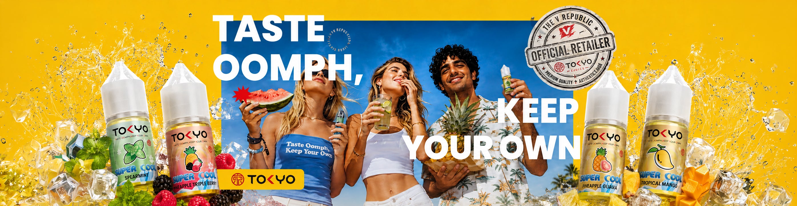A wide promotional banner for TOVO disposable vape devices. The bright yellow background features large white text reading 'TASTE OOMPH, KEEP YOUR OWN' and a circular badge that says 'Officially Delivered by the Royal Mint'.