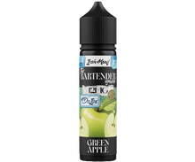 Bottle of THE BARTENDER Green Apple E-Liquid, 60ml, MTL, with bright green apple flavor and clear packaging.