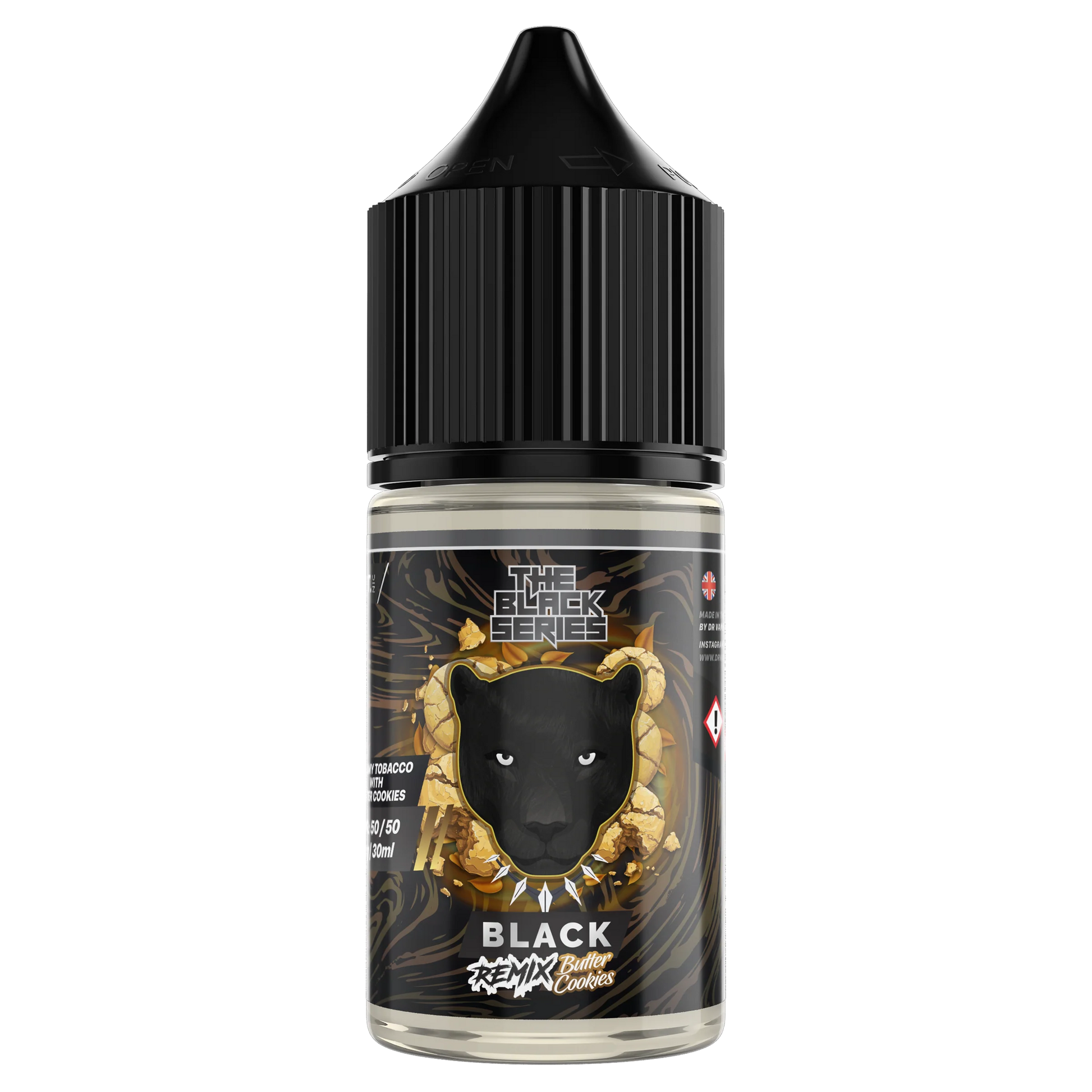 Black Remix Butter Cookies 30ml salt e-liquid by The Black Series featuring a 30ml bottle with a black and gold label.