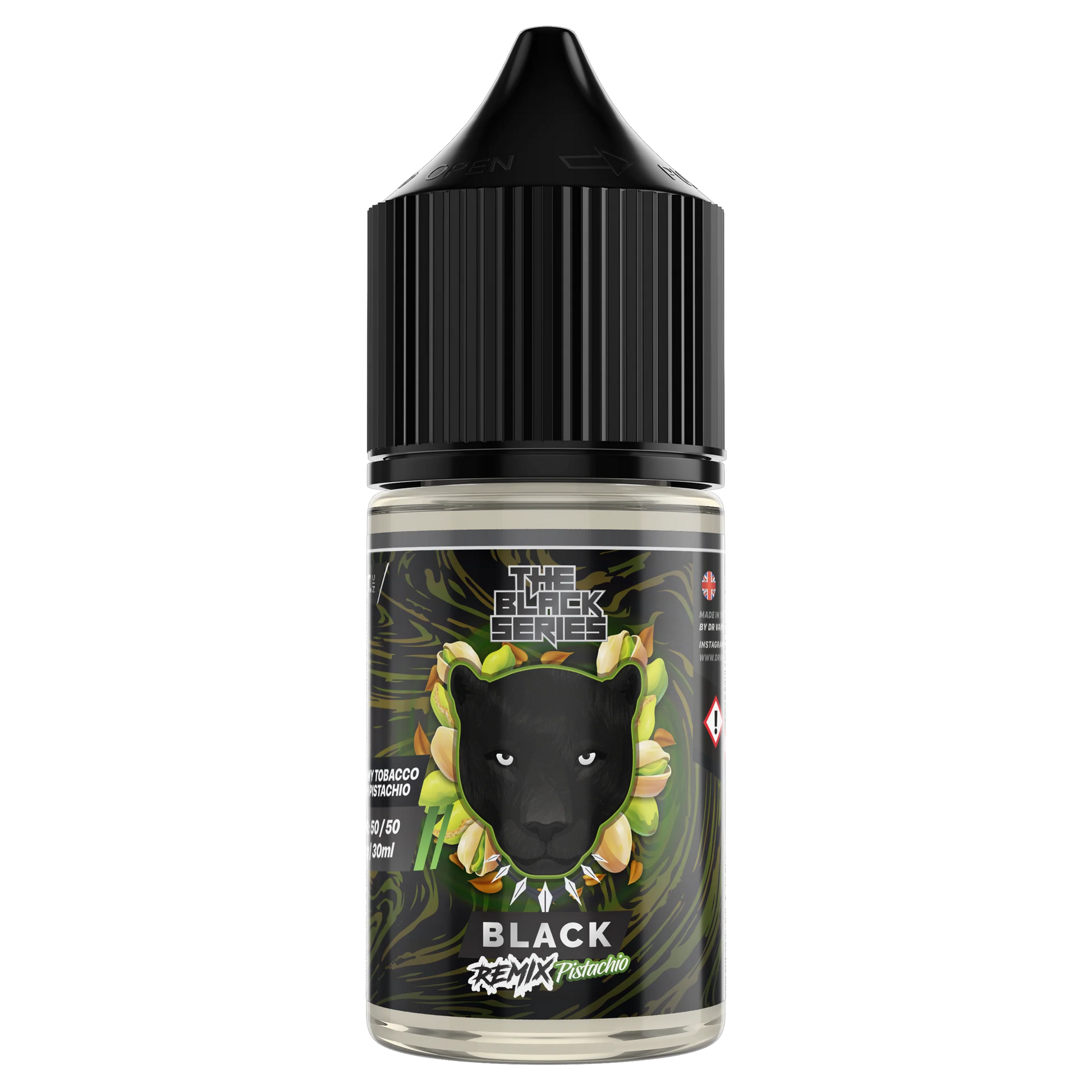 Black Remix Pistachio 30ml Salt E-Liquid by The Black Series, featuring a pistachio flavor in a sleek black bottle.