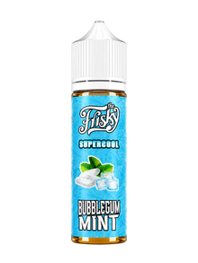 E-Liquid bottle labeled THE FRISKY SUPERCOOL BUBBLEGUM MINT, 60ml, MTL, from THE FRISKY E-JUICE brand, with colorful packaging.