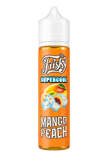 The Frisky Supercool Mango Peach 60ml E-Liquid by THE FRISKY E-JUICE, showing the bottle with a mango and peach flavor theme.