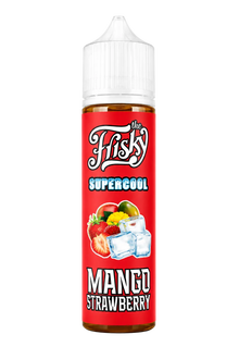 E-Liquid bottle labeled THE FRISKY SUPERCOOL MANGO STRAWBERRY 60ML by THE FRISKY E-JUICE, featuring mango and strawberry flavor labels.