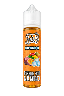 E-Liquid bottle from THE FRISKY E-JUICE, 60ml Passion Fruit Mango flavor, ideal for MTL vaping, with colorful label and nozzle